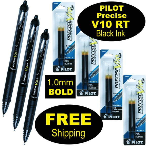 Pilot Precise V10 RT Retractable Pens with 4 Packs of Refills, Bold Point, Black Ink, 3 Count