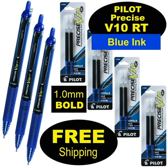 Pilot Precise V10 RT, 3 Pens, 4 Packs of Refills, Blue Ink, 1.0 mm Bold