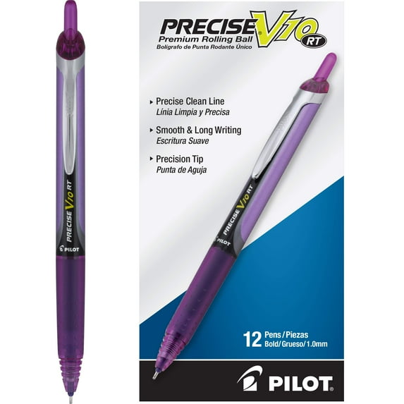 PILOT Precise V10 RT Refillable & Retractable Rolling Ball Pens, Bold Point, Purple Ink, 12-Pack (13459)