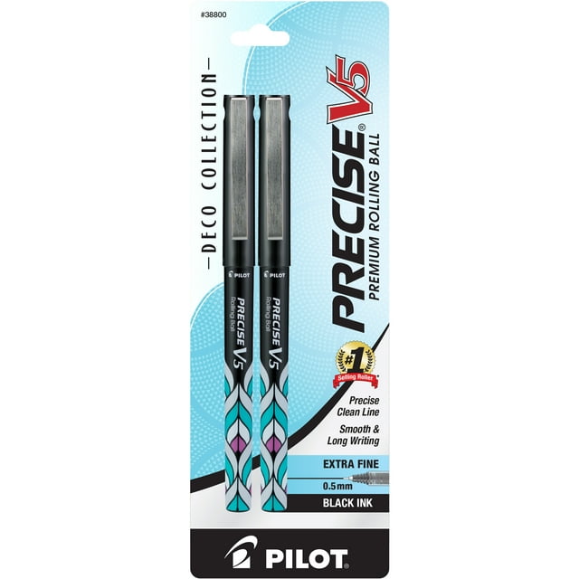 Pilot Precise V5 Deco Collection Rolling Ball Pens, Extra Fine Point, 0.5 mm, Black Ink, 2 Count