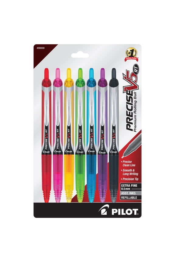 Precise V5 RT Premium Retractable Rolling Ball Pens, Extra Fine Point, Assorted Ink, 7 Count