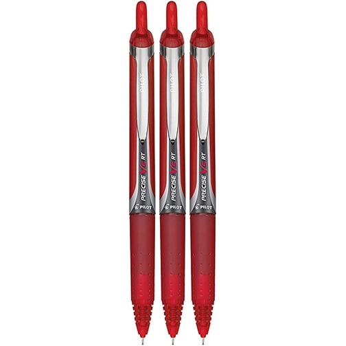 Pilot Precise V5 RT Retractable Liquid Ink Rollerball Pens, Extra Fine Point, 0.5mm, Red Ink, 3 Count