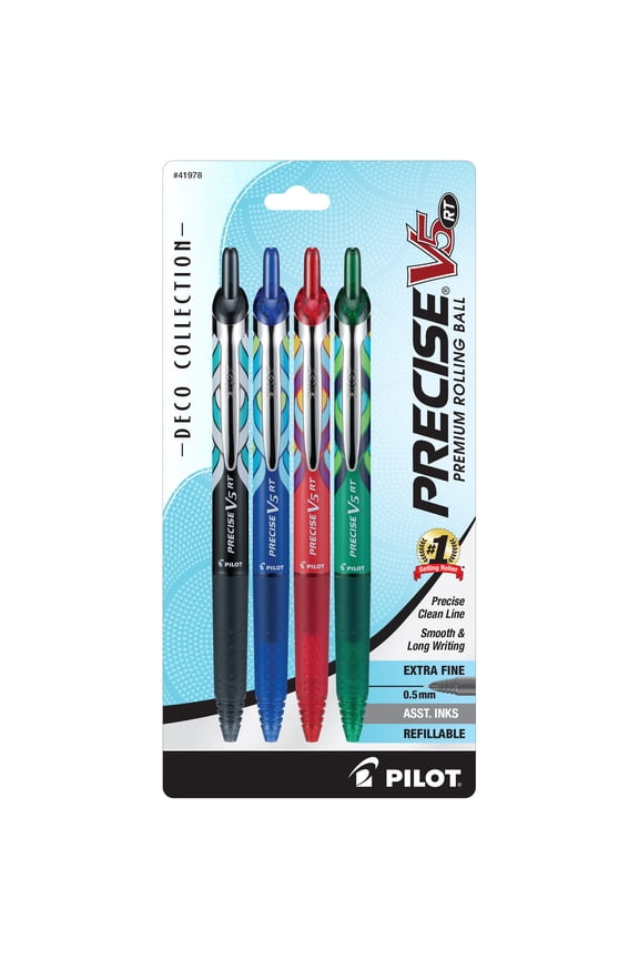 Precise V5 Retractable Rolling Ball Pens, Extra Fine Point , 0.5 mm, Assorted Ink, 4 Pack
