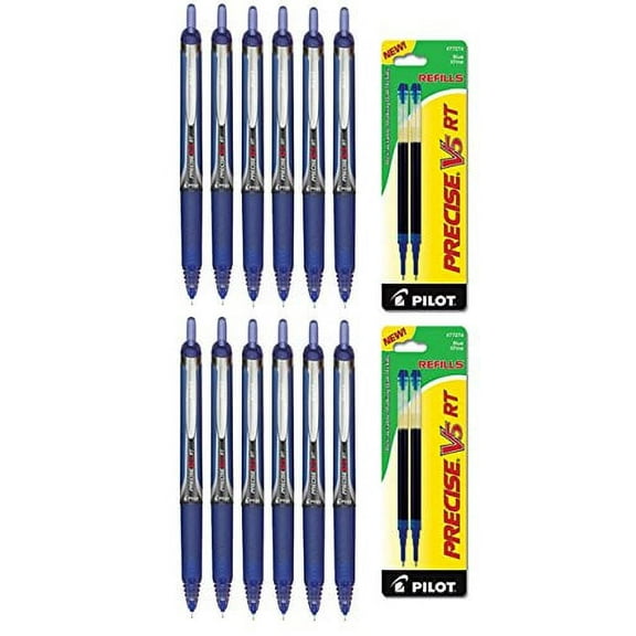 Pilot Precise V5 RT Rolling Ball Extra Fine Point, Blue Ink 6 Pens & 12 Refills