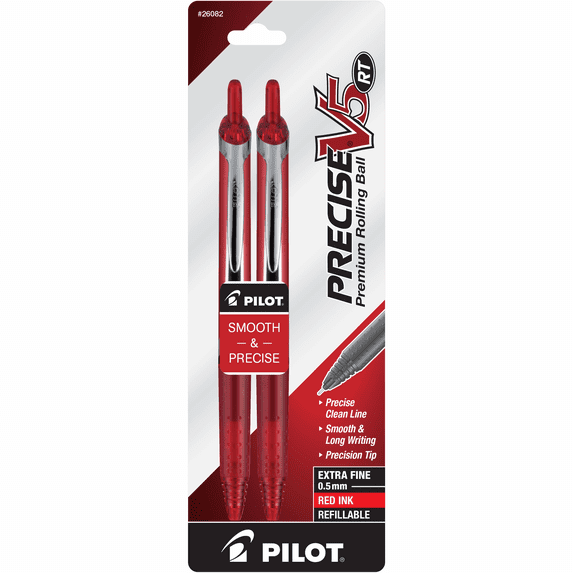 Pilot Precise V5 Retractable Rolling Ball Pens, Extra Fine Point, 0.5mm, Red Ink, 2 Pack