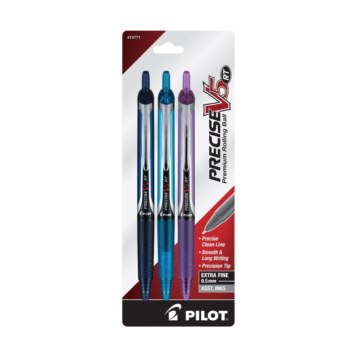 Pilot Precise V5 Retractable Rolling Ball with Liquid Ink in Navy, Turquoise, and Purple Ink