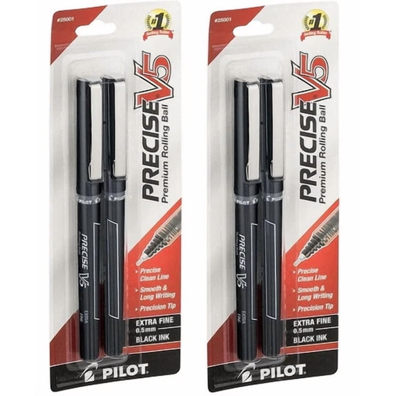Pilot Precise V5 Rolling Ball Extra Fine Point Pens, Black Ink 2 Ct (Pack Of 2)