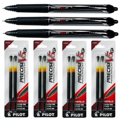 Pilot Precise V5 Rt - 3 Pens with 4 Packs of Refills - Black Ink - 0.5mm Extra-fine