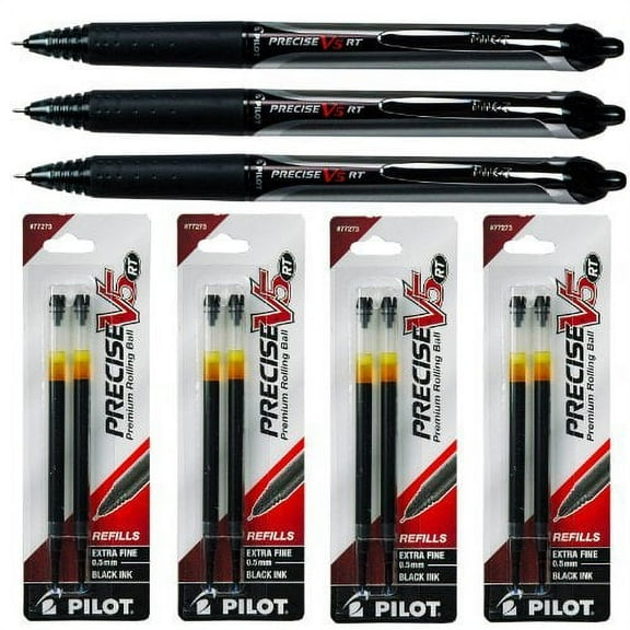 Pilot Precise V5 Rt - 3 Pens with 4 Packs of Refills - Black Ink - 0.5mm Extra-fine