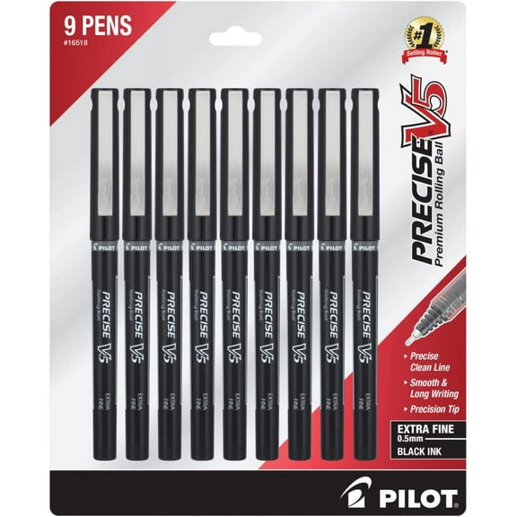 Pilot Precise V5 Stick Liquid Ink Rolling Ball Stick Pens, Extra Fine Point (0.5Mm) Black Ink, 9-Pack