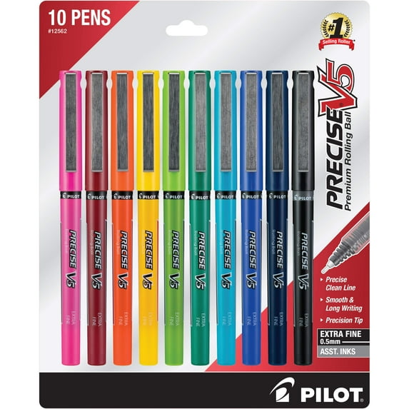 Pilot Precise V5 Stick Rolling Ball Pens, Extra Fine Point 0.5mm, 10 Colors (12562)