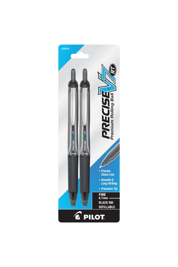 Precise V7 Retractable Rolling Ball Pens, Fine Point, 0.7mm, Black Ink, 2 Pack