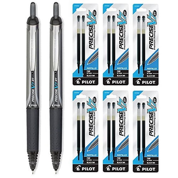 Pilot Precise V7 RT Rolling Ball, Fine Point, Black Ink 2 Pens & 12 Refills