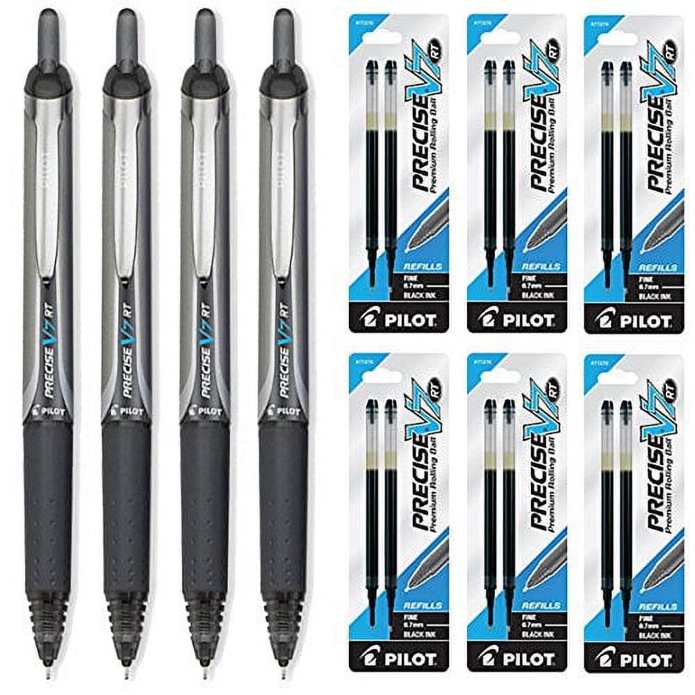 Pilot Precise V7 RT Rolling Ball, Fine Point, Black Ink 4 Pens & 12 Refills