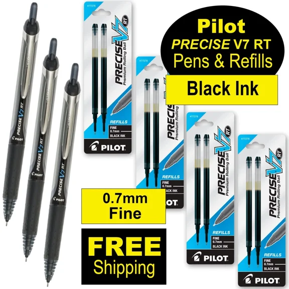 Pilot Precise V7 Rt, 3 Pens With 4 Packs Of Refills, Black Ink, 0.7Mm Fine Point