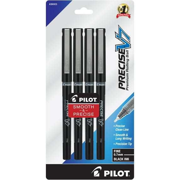 Pilot Precise V7 Rolling Ball Pens, Fine Point, 0.7 mm, Black Ink, 4 Pack