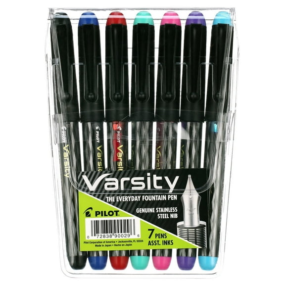 Pilot Varsity Premium Capped Fountain Pen, Medium Nib, Assorted Ink, 7 Count