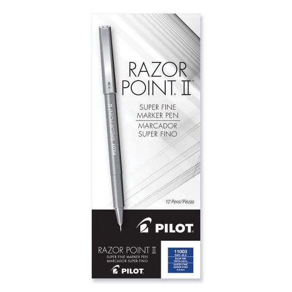 Pilot Razor Point II Super Fine Line Porous Point Pen, Stick, Extra-Fine 0.2 mm, Blue Ink, Blue Barrel, Dozen