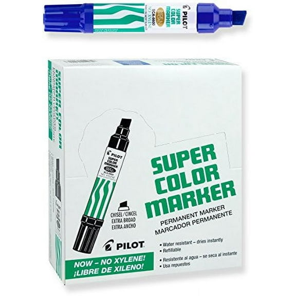Pilot Super Color Jumbo Permanent Markers, Extra Wide Chisel Point, Xylene-Free, Blue Ink, Dozen Box (45200)