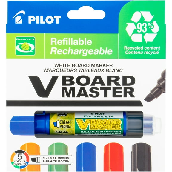 Pilot BeGreen VBoard Master Dry Erase Markers, Chisel Tip, Assorted Colors, 5 Count