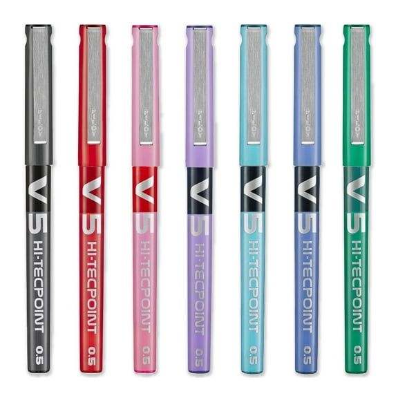 Pilot V5 Hi-Tecpoint Rollerball Pen - Fine 0.5mm Nib - 1 of Each Color - Pack of 7