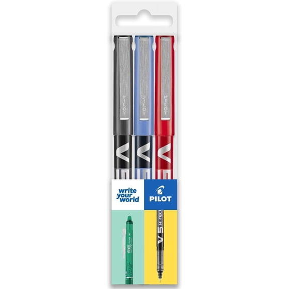 Pilot V5 Hi-Tecpoint Rollerball Pen - Fine 0.5mm Nib - Wallet of 3 - Black, Blue, Red