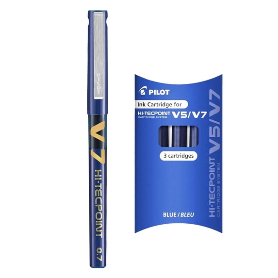 Pilot V7 Hi-Tecpoint Rollerball Pen - 0.7mm Nib - Blue Ink - Single Pen + 3 Refills