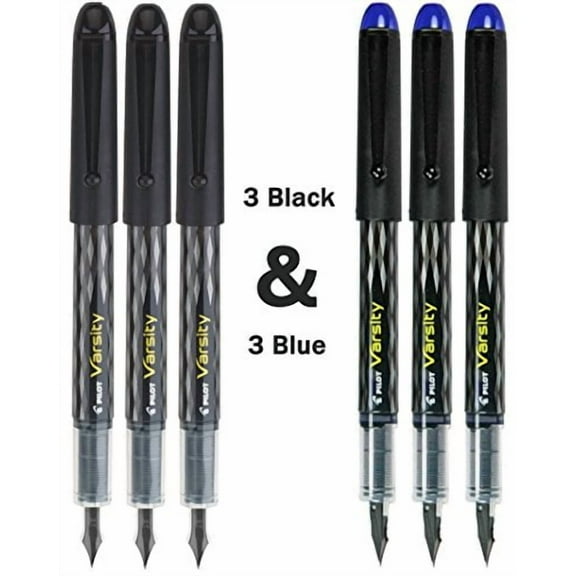 Pilot Varsity Disposable Fountain 6 Pack Combo, 3 Black Pens and 3 Blue Pens