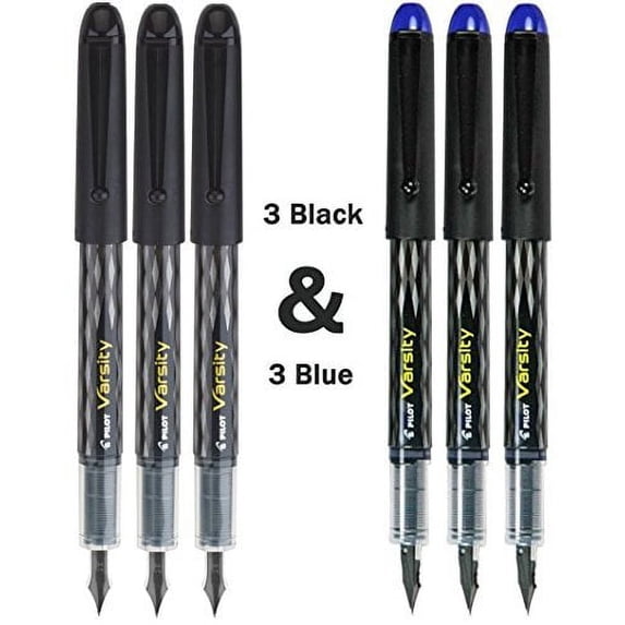 Pilot Varsity Disposable Fountain 6 Pack Combo, 3 Black Pens and 3 Blue Pens