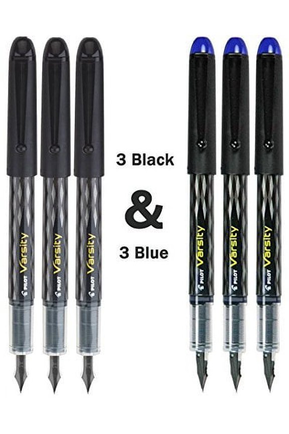 Varsity Disposable Fountain 6 Pack Combo, 3 Black Pens and 3 Blue Pens