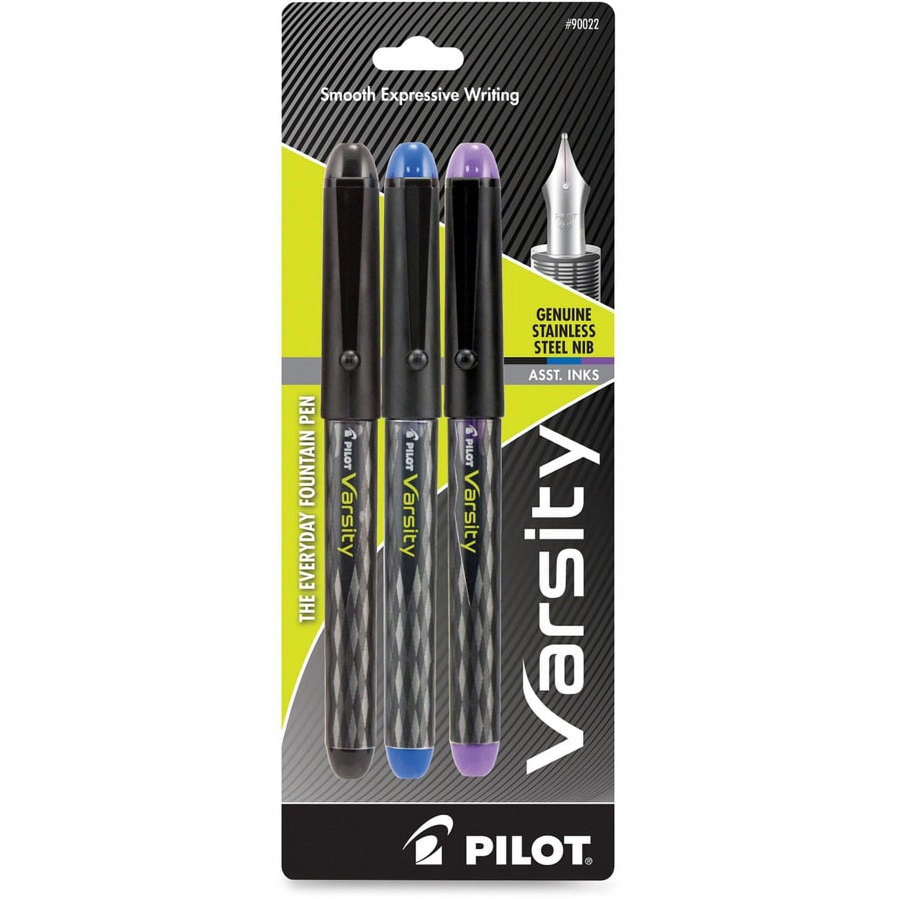 Pilot Varsity Disposable Fountain Pens - Medium Pen Point - Black, Blue, Purple - Black Barrel - 3 / Pack | Bundle of 2 Packs