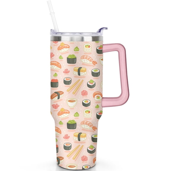 Pilot Wife Gift for Sushi Style - 40oz Travel Tumbler Double Insulated With Handle, Spill Proof Coffee Cup & Straw