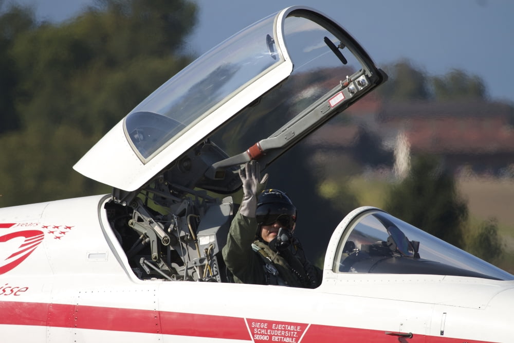 Pilot waves from the cockpit of an F-5E Tiger II Canvas Art - Luca NicolottiStocktrek Images (34 x 23)