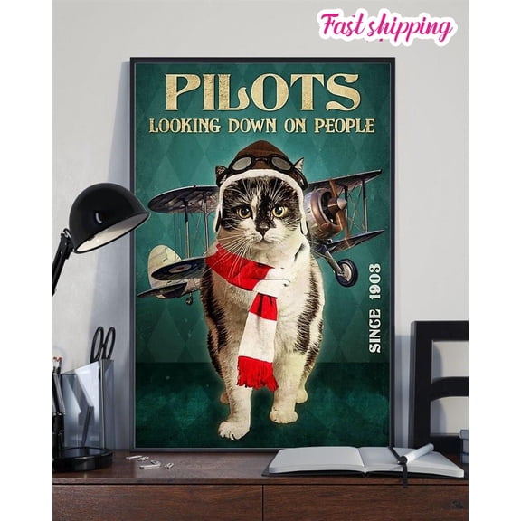 Pilots Cat Looking Down On People Vintage Vintage Home Poster Wall Art Vertical 11 x 17 Inch Poster