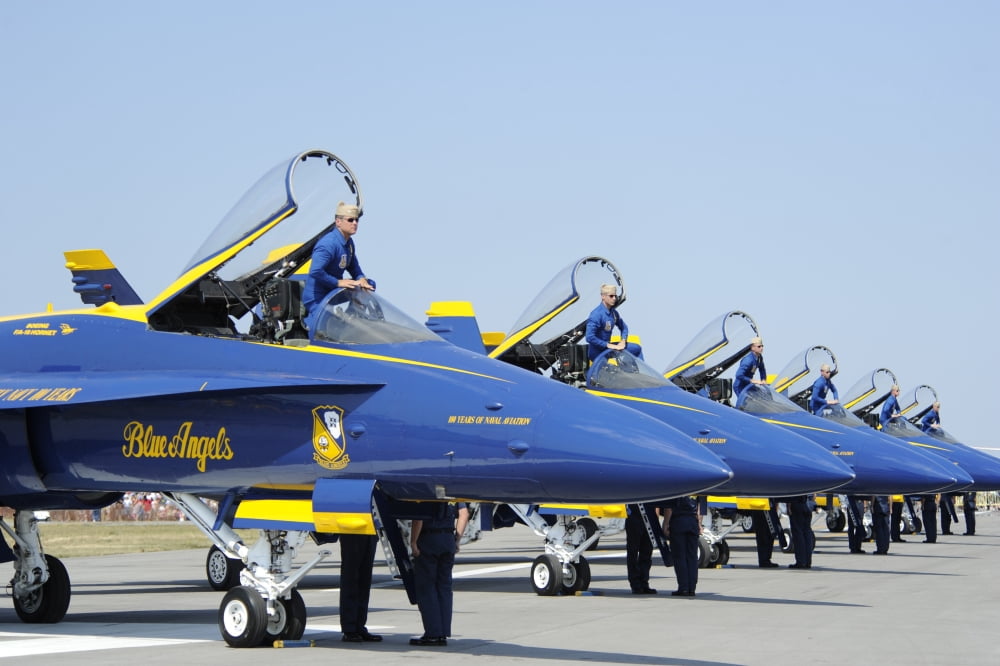 Pilots of the Blue Angels Flight Demonstration Team stand in the cockpit of their FA-18 Hornet Canvas Art - Stocktrek Images (35 x 23)