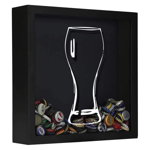 Torched Pilsner Glass Beer Cap Shadow Box Wall Mount Decor 13"x13"x3.5"Black