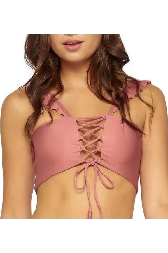 DUSTY ROSE Ruffle Lace Up Bikini Swim Top, US Small