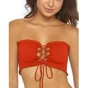 PilyQ RED Lust Reversible Smocked Lace-up Bandeau Swim Top, US Large