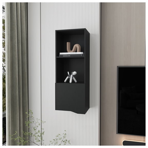 Pima Wall Cabinet in Melamine With One Door, Black 3-4 Shelves + Black + Primary Living Space + Wall Mounted + Modern + Particle Board + Melamine