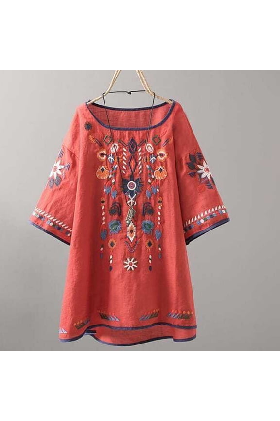 Blouses for Women Dressy Casual Cotton Linen Shirts for Women Vintage Western Print Plus Size Summer Swing Tops Ladies Crewneck Short Sleeve Tunic Blouses Womens Blouses