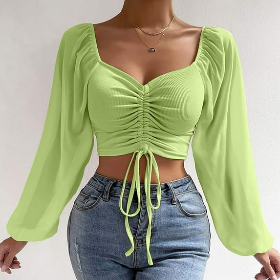 Pimelu Blouses for Women Dressy Casual Going out Tops for Women Sexy Deep V Neck Drawstring Cropped Shirts Solid Soft Knitted Ribbed Long Sleeve Pullover Blouses Womens Crop Top