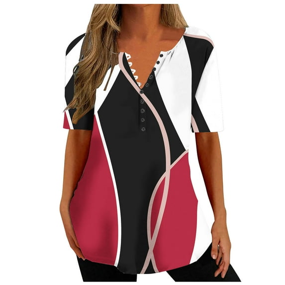 Pimelu Blouses for Women Dressy Casual Tops for Women Womens Summer Tops Fashion Geometric Print Button up Henley Shirts Ladies V Neck Short Sleeve Hem Tunic Blouses