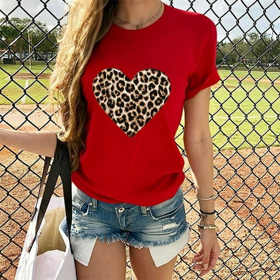 Pimelu Blouses for Women Dressy Casual Womens Summer Tops Vintage Leopard Heart Graphics Tee Shirts Plus Size Casual Round Neck Short Sleeve Valentines Shirts Blouses Womens Tee Shirts