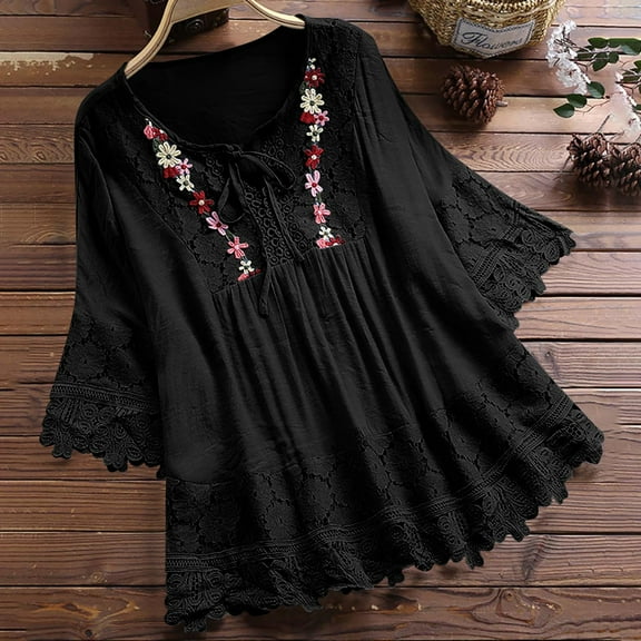 Pimelu Blouses for Women Plus Size Tops for Women Summer Comfy Cotton Linen V Neck Tunic Blouses with Tie Retro Floral Embroidery Lace Trim Swing Shirts Womens Tunic Top