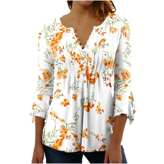Pimelu Blouses for Women Tunic Tops for Women 3/4 Sleeve Tops for Women Vintage Floral Button up Henley Shirts Summer Ladies Lightweight V Neck Pleated Hem Blouses