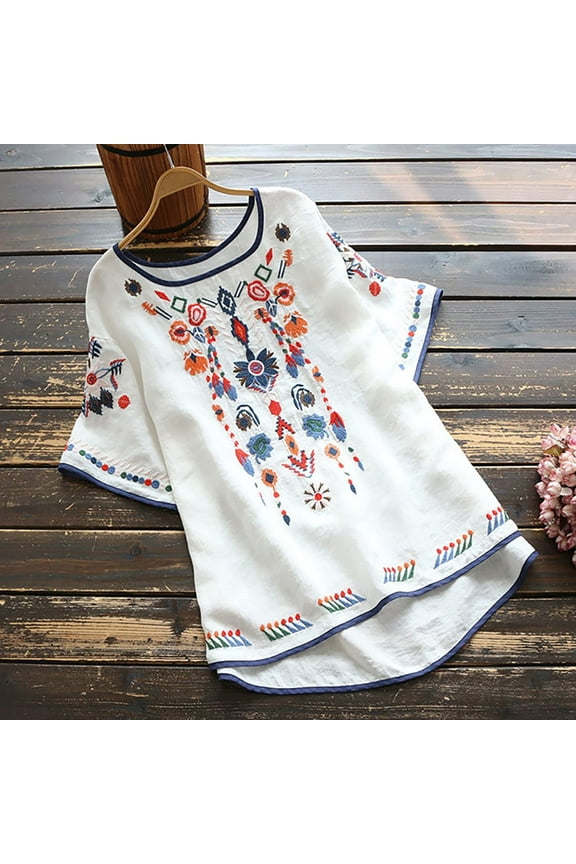 Cute Tops for Women Cotton Linen Shirts for Women Vintage Western Print Plus Size Summer Swing Tops Ladies Crewneck Short Sleeve Tunic Blouses Womens Blouses