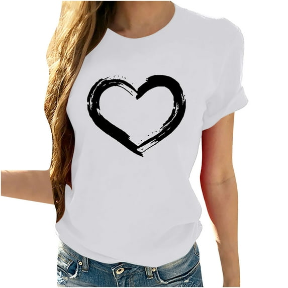 Pimelu Cute Tops for Women Tee Tops for Women Heart Shirts for Women Valentines Day Fashion Heart Print Tops Summer Ladies Girls Short Sleeve Round Neck Blouses