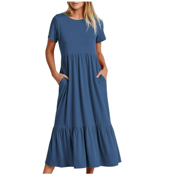 Pimelu Dresses for Women 2024 Casual Maxi Dresses for Women Summer Flowy Pleated Ruffle Swing A Line Dress Beach Ladies Round Neck Short Sleeve Sundress with Pockets A Line Dress
