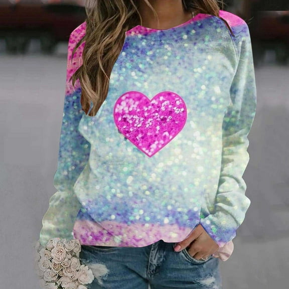 Pimelu Heart Sweater for Women Valentines Day Shirts for Women Fashion Heart Print Crewneck Sweatshirts Spring Ladies Plus Size Raglan Long Sleeve Pullover Tops