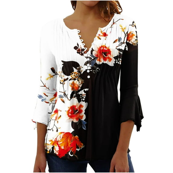 Pimelu Shirts for Women Tunic Tops for Women 3/4 Sleeve Tops for Women Vintage Floral Button up Henley Shirts Summer Ladies Lightweight V Neck Pleated Hem Blouses